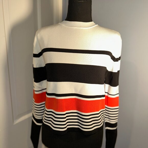 Blessed are the Meek, Striped Long Sleeve Sweater, white,black, orange, Size 10 - Picture 1 of 5